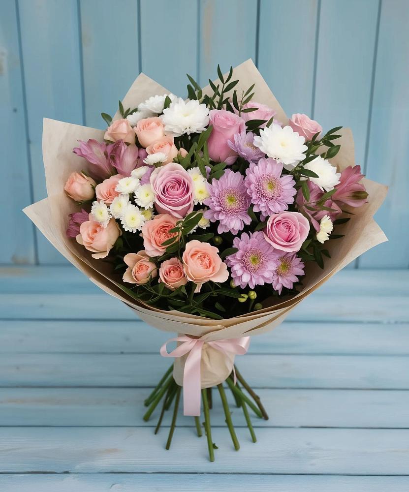 Букет цветов из: Хризантемы, Розы и Альстромерии в Частые