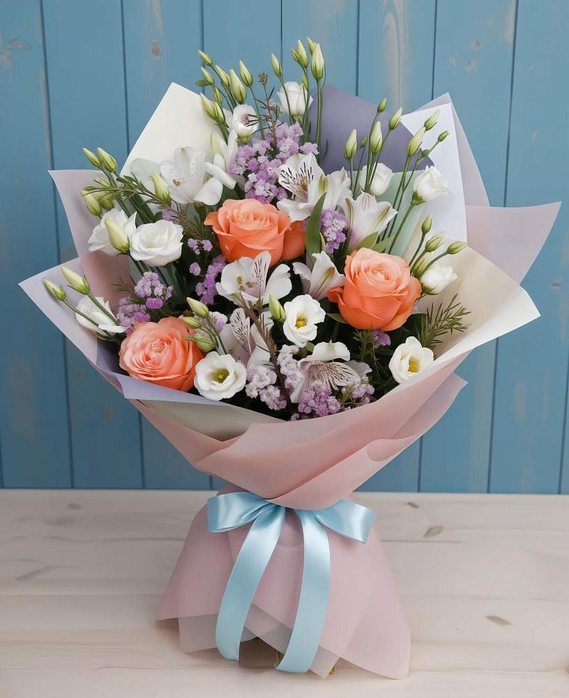 Букет цветов из: Лизиантусы, Розы, Альстромерии и Гипсофила в Частые