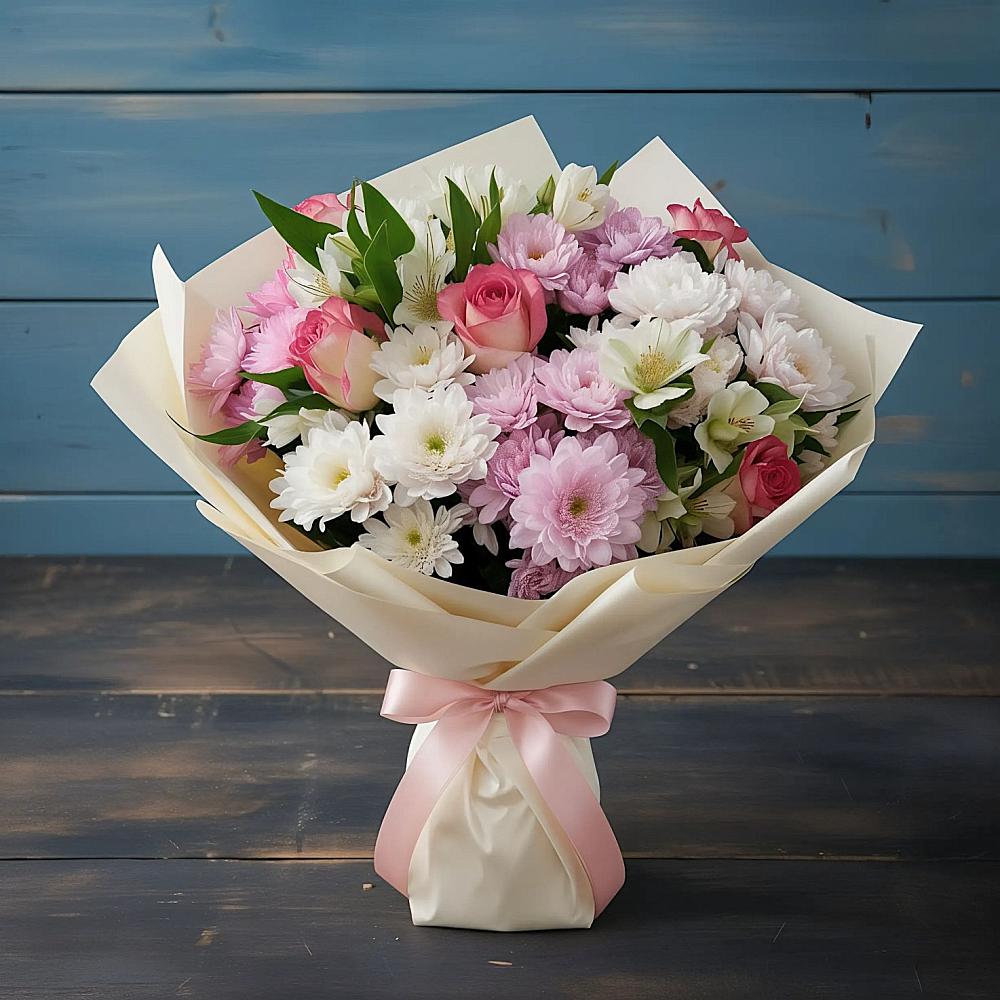 Букет цветов из: Хризантемы, Альстромерии и Розы в Частые